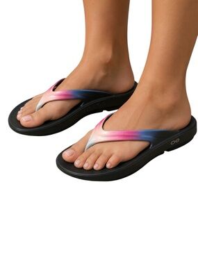 OOFOS OOlala Luxe Sandals Pink Ombre Black Recovery Shoes Women’s Size 6